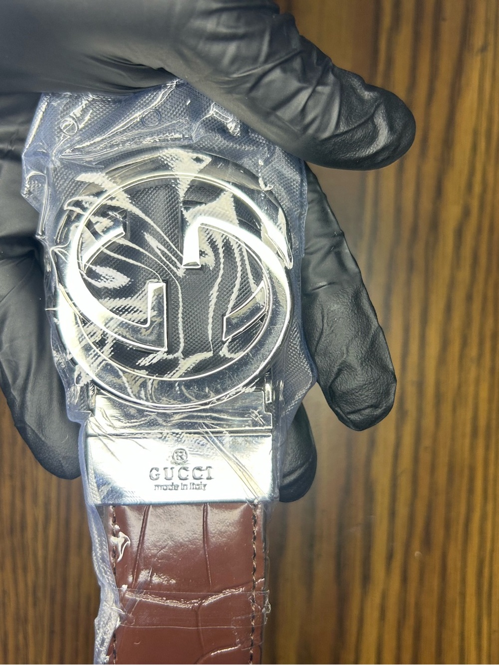 Gucci Red-Brown Leather Belt with Silver Double G Buckle